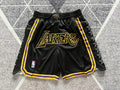 Black LA Lakers premium basketball shorts, full front view