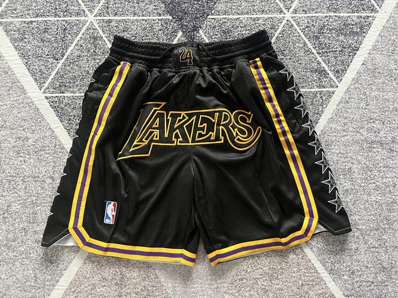 Black LA Lakers premium basketball shorts, full front view