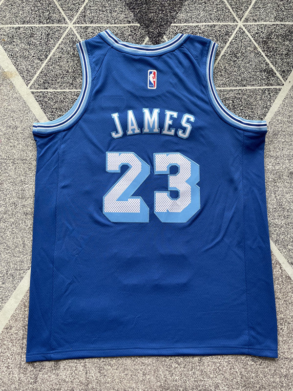 Blue LA Lakers basketball jersey, full back view