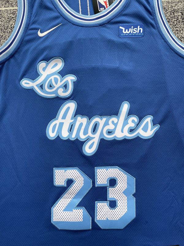 Blue LA Lakers basketball jersey, front graphic detail