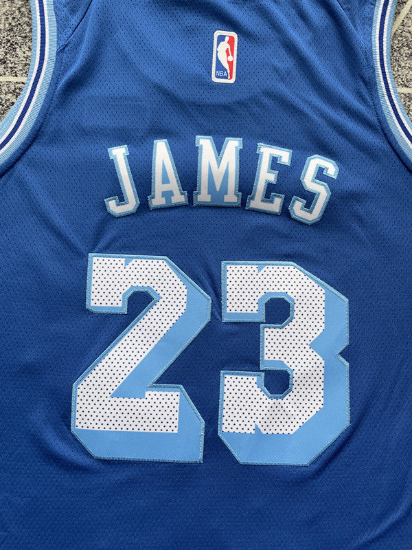 Blue LA Lakers basketball jersey, back lettering and number detail