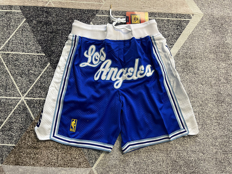 Blue LA Lakers premium basketball shorts, full front view