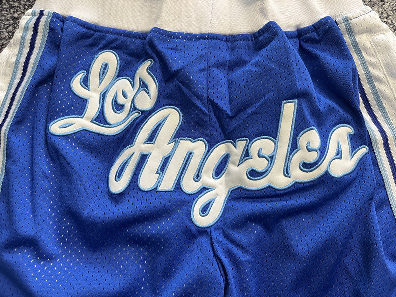 Blue LA Lakers premium basketball shorts, graphic detail