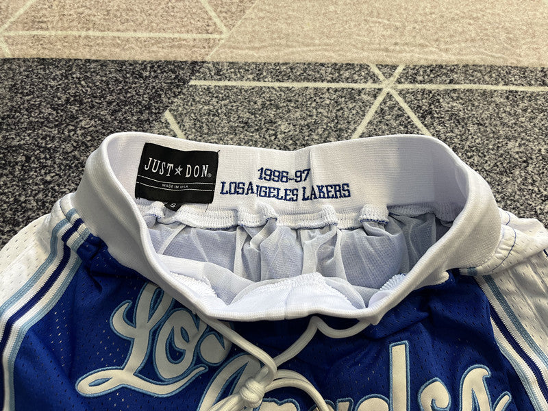 Blue LA Lakers premium basketball shorts, waistband and label detail