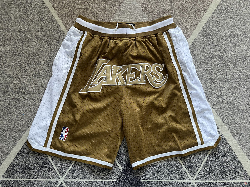 Brown LA Lakers premium basketball shorts, full front view