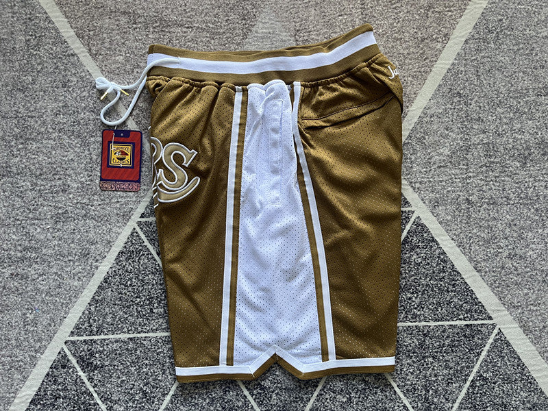 Brown LA Lakers premium basketball shorts, side panel detail