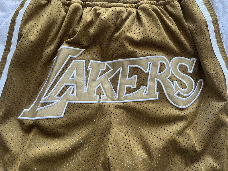 Brown LA Lakers premium basketball shorts, graphic detail