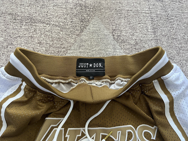 Brown LA Lakers premium basketball shorts, waistband and label detail