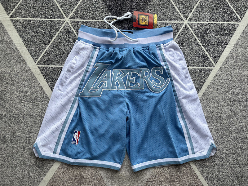 Carolina Blue LA Lakers premium basketball shorts, full front view