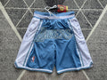 Carolina Blue LA Lakers premium basketball shorts, full front view