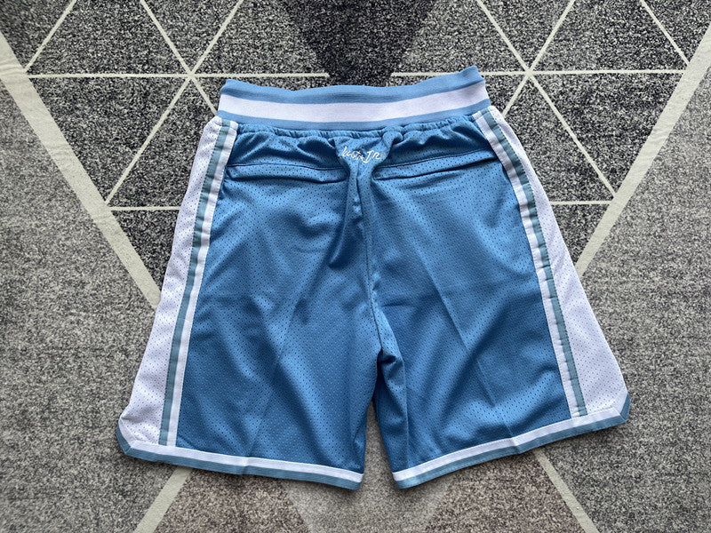 Carolina Blue LA Lakers premium basketball shorts, full back view