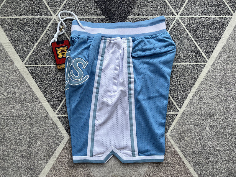 Carolina Blue LA Lakers premium basketball shorts, side panel detail