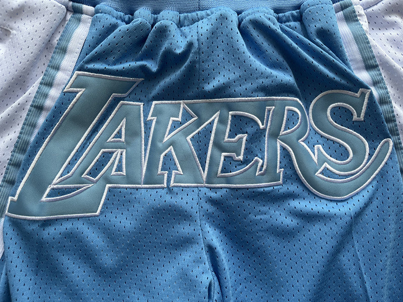 Carolina Blue LA Lakers premium basketball shorts, graphic detail