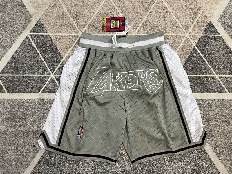 Gray LA Lakers premium basketball shorts, full front view