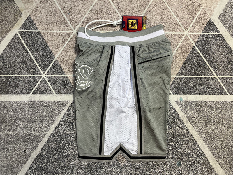 Gray LA Lakers premium basketball shorts, side panel detail