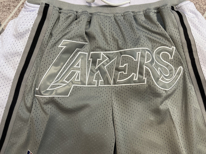 Gray LA Lakers premium basketball shorts, graphic detail