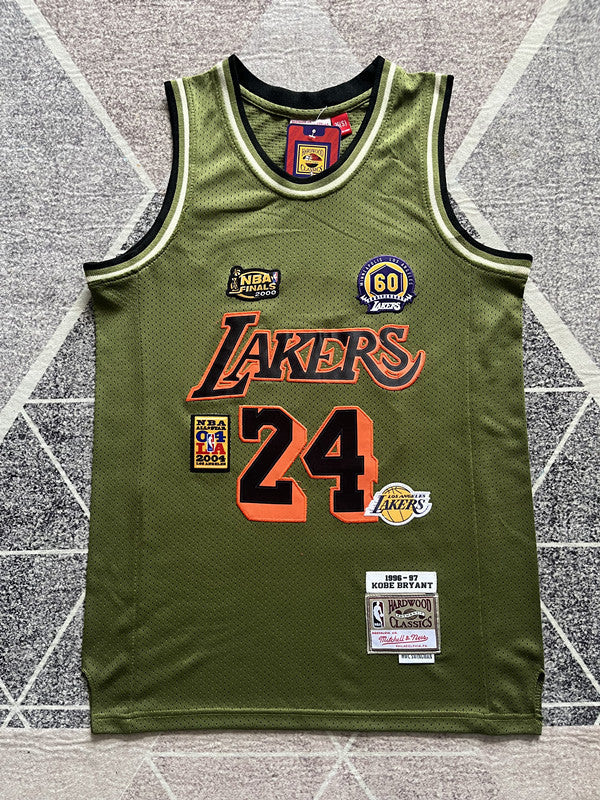 Olive LA Lakers basketball jersey, full front view