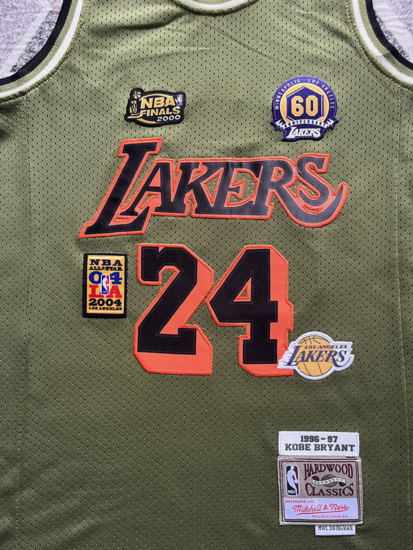 Olive LA Lakers basketball jersey, front graphic detail