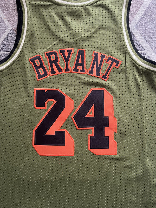 Olive LA Lakers basketball jersey, back lettering and number detail
