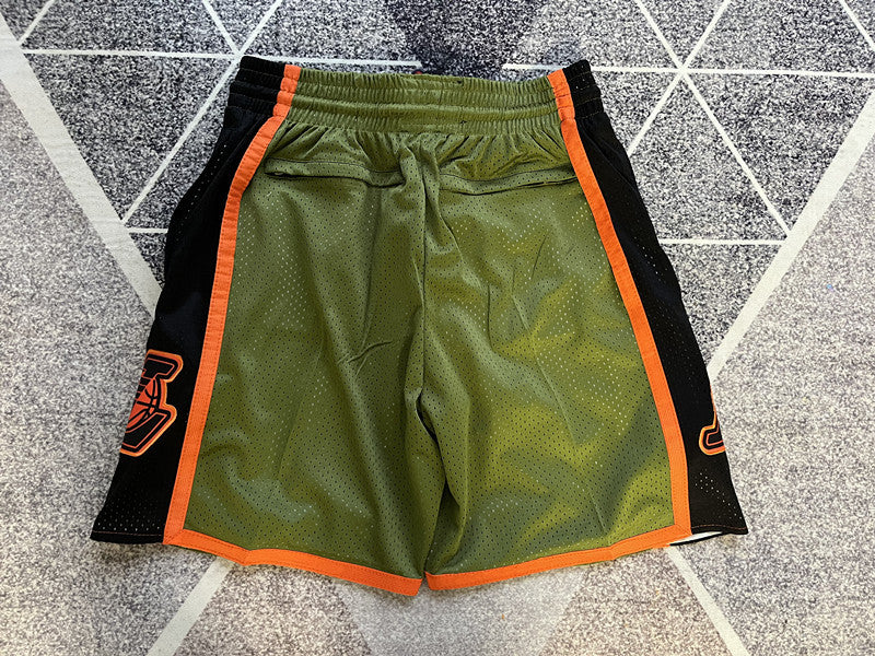 Olive LA Lakers premium basketball shorts, full back view