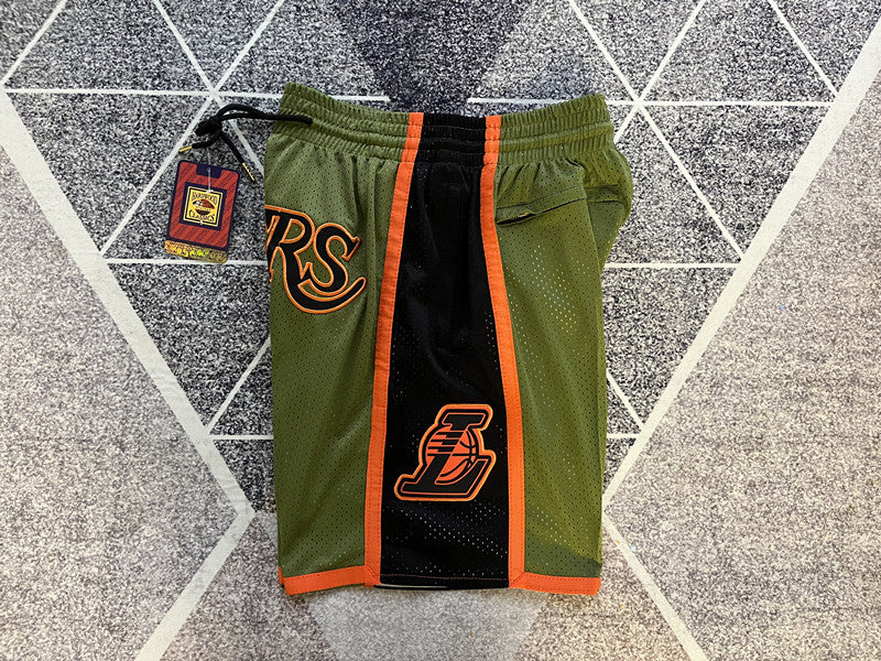 Olive LA Lakers premium basketball shorts, side panel detail