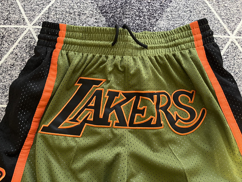 Olive LA Lakers premium basketball shorts, waistband and label detail