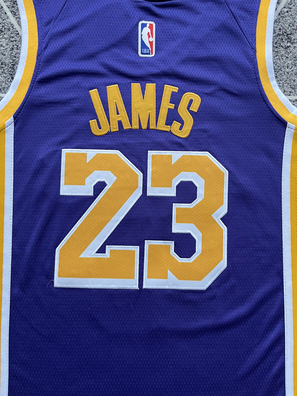Purple LA Lakers basketball jersey, back lettering and number detail