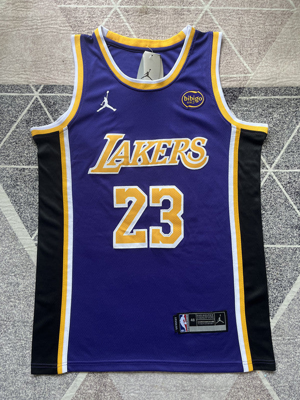 Purple LA Lakers basketball jersey, full front view