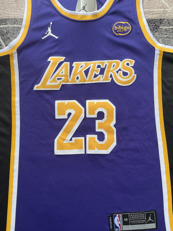 Purple LA Lakers basketball jersey, front graphic detail