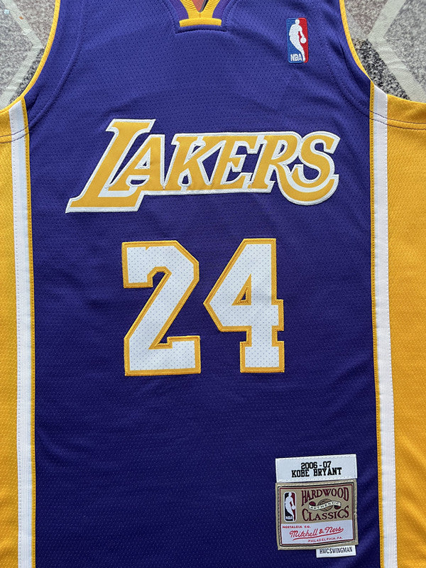 Purple LA Lakers basketball jersey, front graphic detail