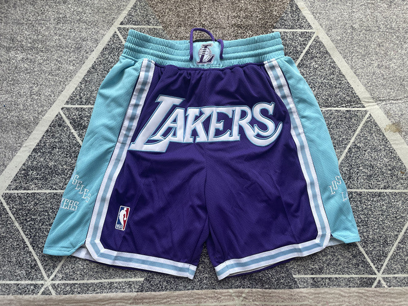 Purple LA Lakers premium basketball shorts, full front view