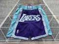 Purple LA Lakers premium basketball shorts, full front view
