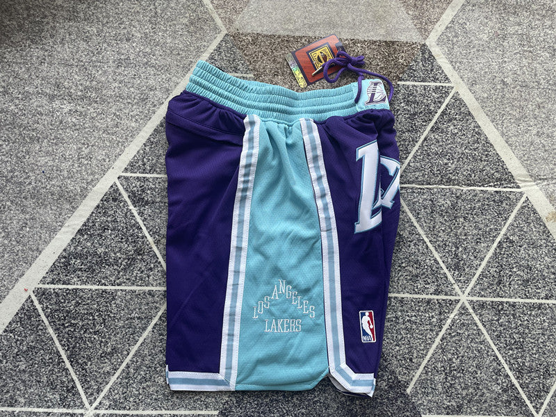 Purple LA Lakers premium basketball shorts, side panel detail