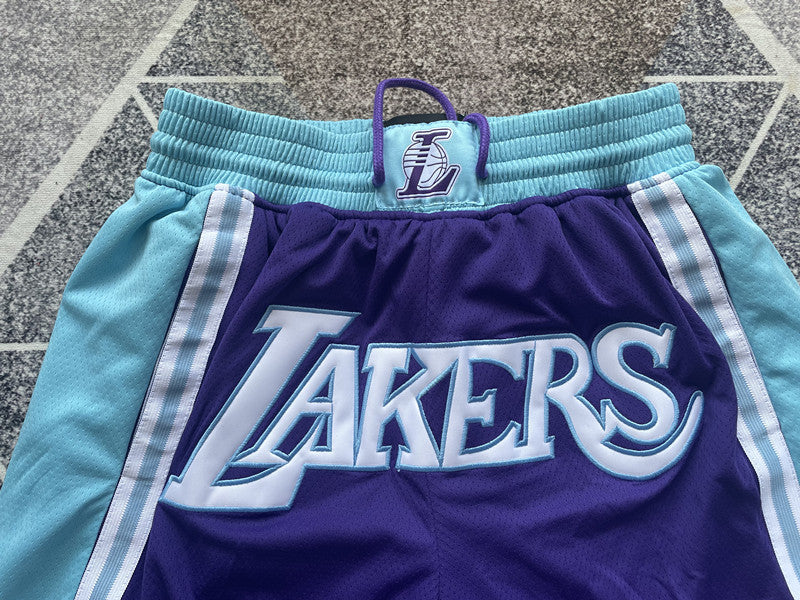 Purple LA Lakers premium basketball shorts, graphic detail