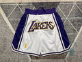 White and purple LA Lakers premium basketball shorts, full front view