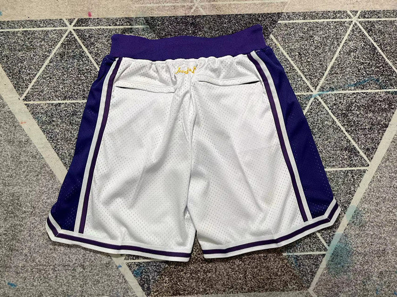 White and purple LA Lakers premium basketball shorts, full back view