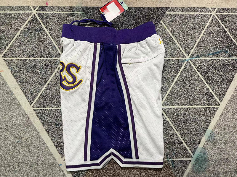 White and purple LA Lakers premium basketball shorts, side panel detail