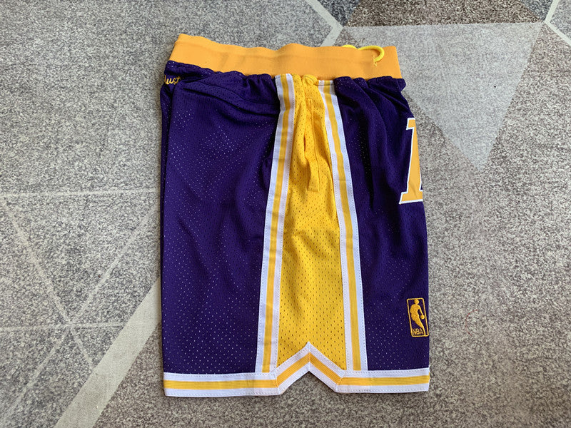 Purple LA Lakers premium basketball shorts, side panel detail