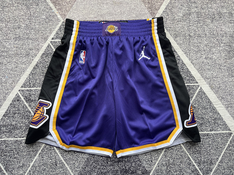 Purple LA Lakers basketball shorts, full front view