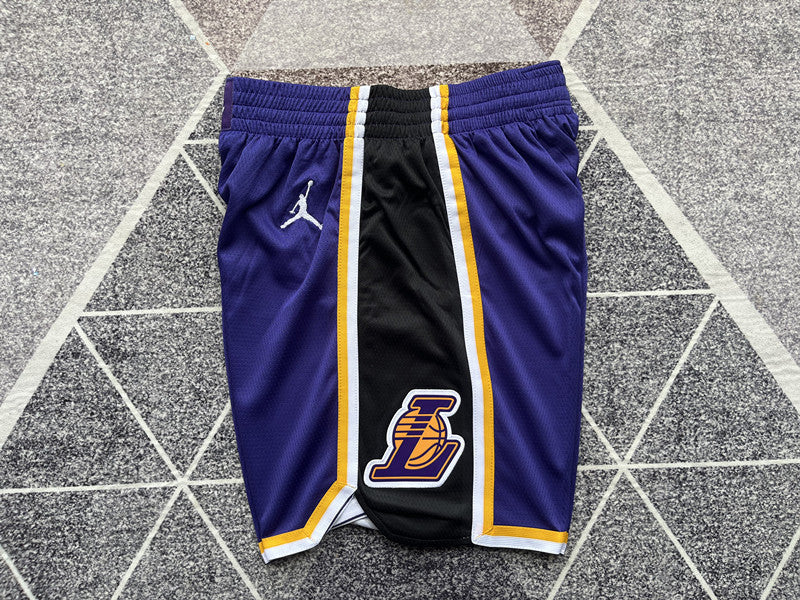 Purple LA Lakers basketball shorts, side panel detail