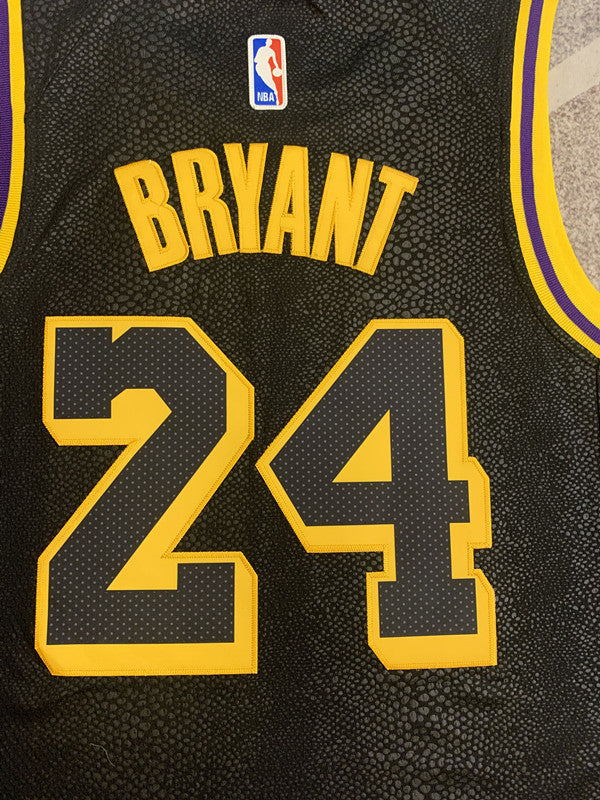 Multi-color LA Lakers basketball jersey, back lettering and number detail