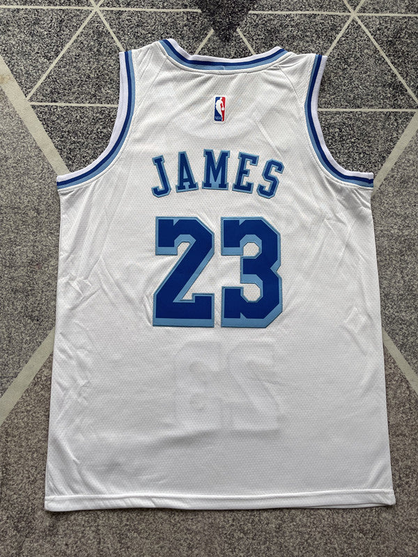 White LA Lakers basketball jersey, full back view