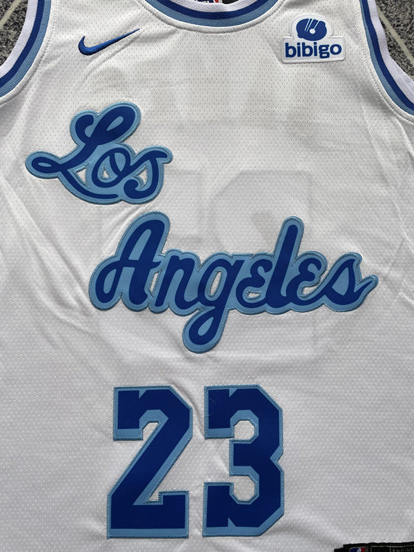 White LA Lakers basketball jersey, front graphic detail
