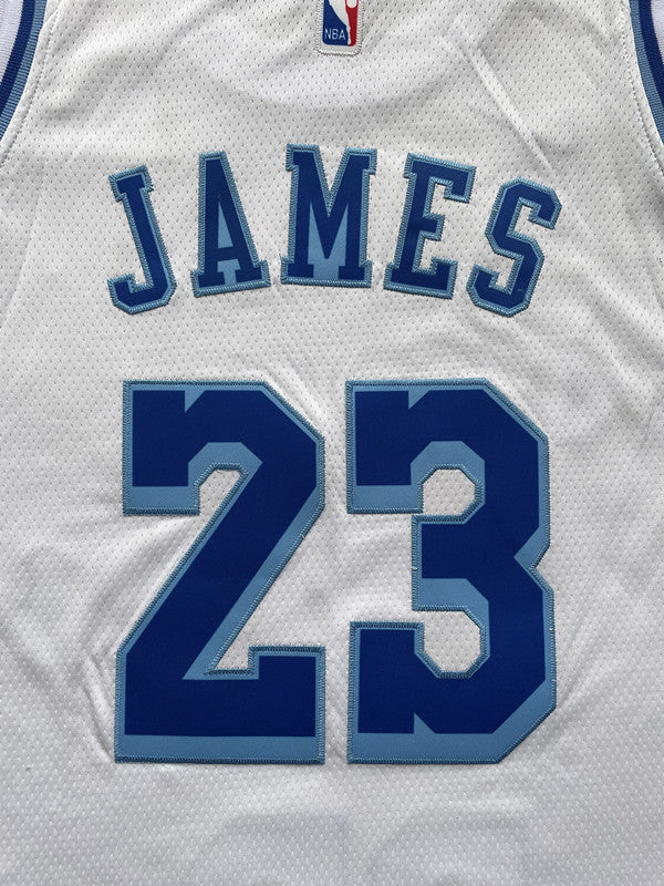 White LA Lakers basketball jersey, back lettering and number detail