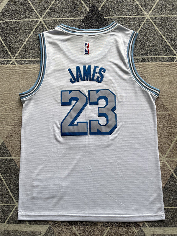 White LA Lakers basketball jersey, full back view