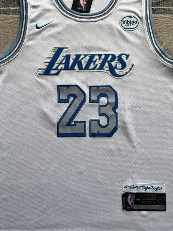 White LA Lakers basketball jersey, front graphic detail