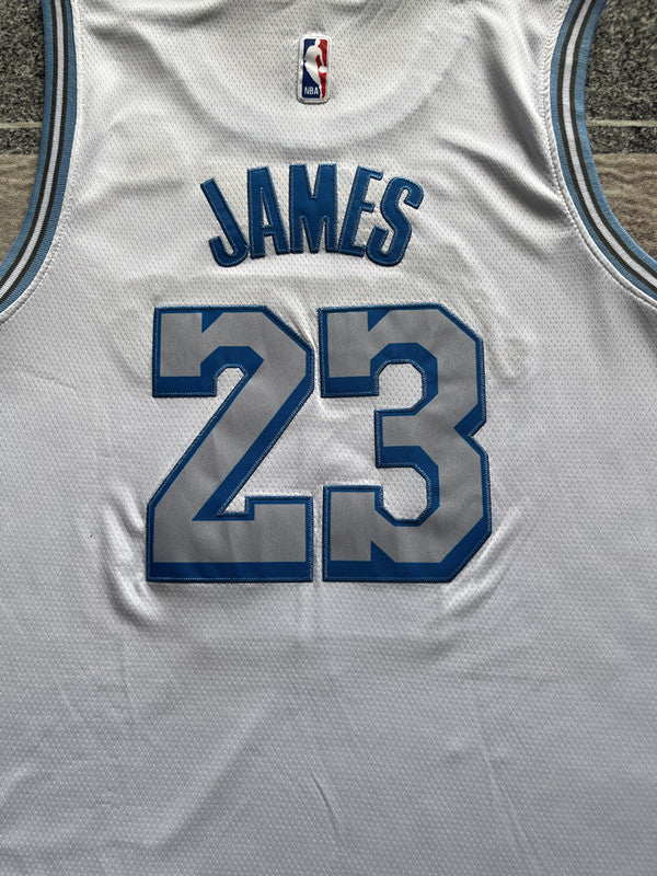 White LA Lakers basketball jersey, back lettering and number detail