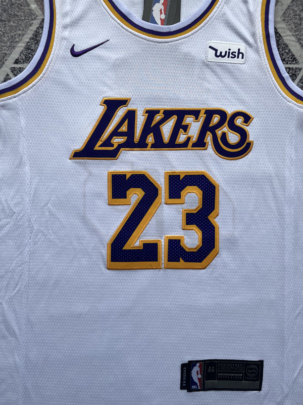 White LA Lakers basketball jersey, front graphic detail