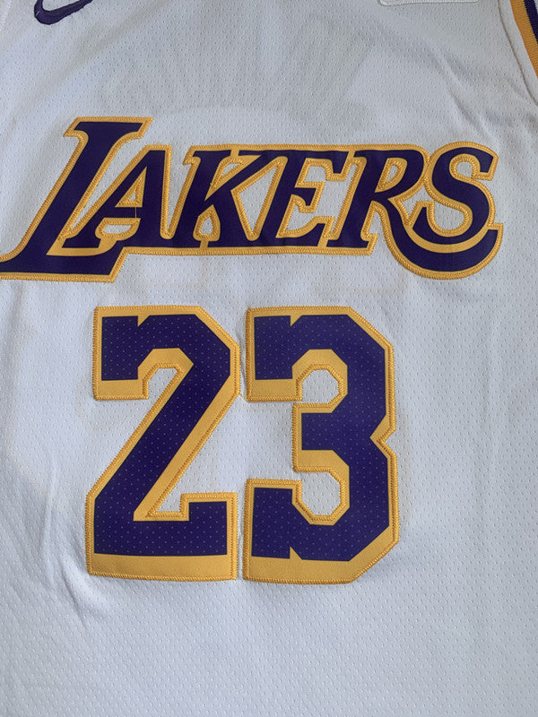 White LA Lakers basketball jersey, front graphic detail