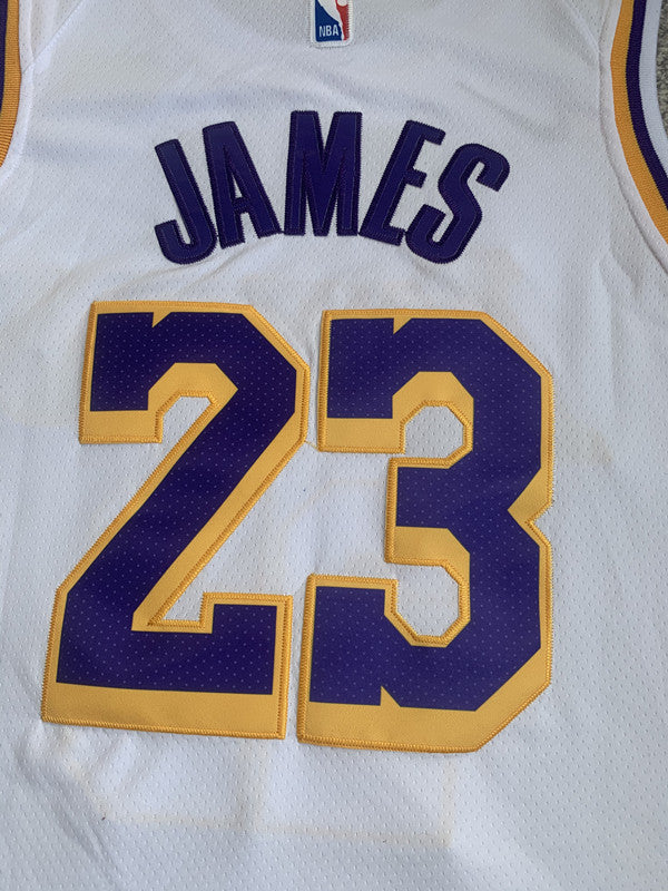 White LA Lakers basketball jersey, back lettering and number detail